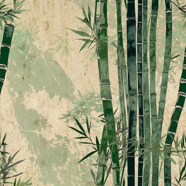 Fototapeta Bamboo stalks with green leaves against a textured background  