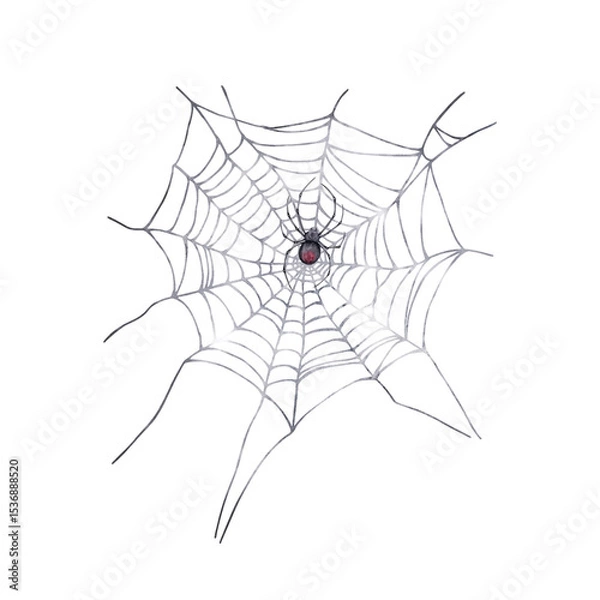 Fototapeta A spider on a spider's web. Watercolor illustration in black, gray and red tones.