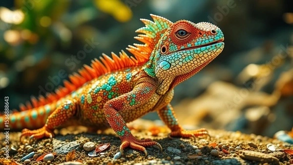 Fototapeta 3D Cartoon Aquamarine Iguana Template - Colorful Design Concept