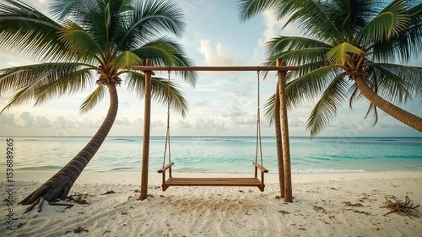 Fototapeta Peaceful Beach Swing Under Palm Trees at Sunset