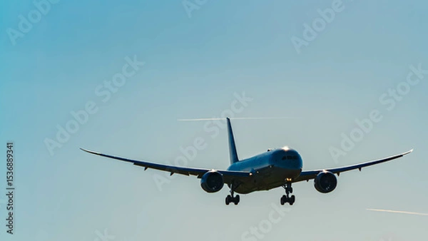Obraz Passenger jet airplane approaching Munich airport, MUC, on a sunny summer day near Freising, Bavaria, Germany