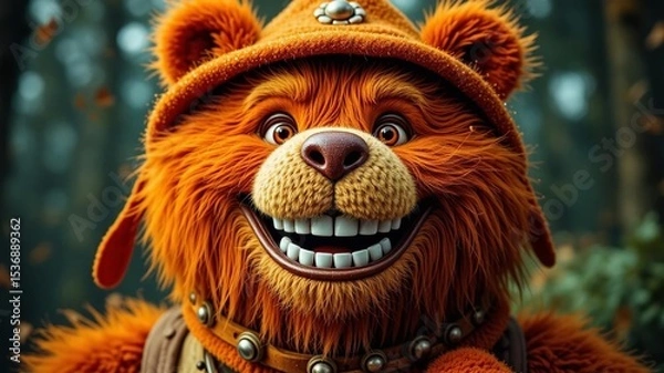 Fototapeta Playful Orange Bear with Red Nose and Big Grin