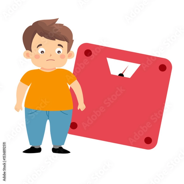 Obraz Overweight fat boy with fat belly surprised to see his weight on the scale