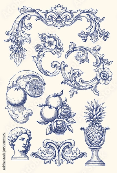 Fototapeta Set of Vintage Baroque Victorian element floral ornament leaf scroll engraved retro flower pattern decorative design. Vector damask patterns with flourishes calligraphic engraved ink style.