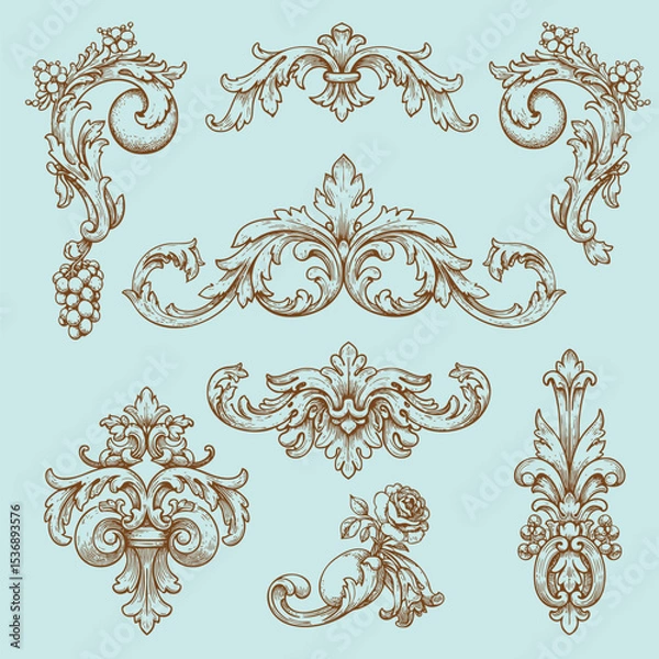 Fototapeta Luxury decorative vector elements set, rococo and baroque style, vintage luxury royal vignette