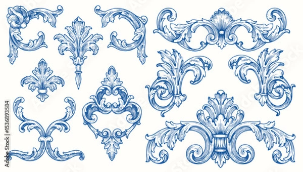 Fototapeta Luxury decorative vector elements set, rococo and baroque style, vintage luxury royal vignette