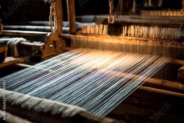 Fototapeta In a dimly lit workshop at dusk, artisans skillfully operate a loom, creating beautiful textiles. The warm glow highlights the weaving process, emphasizing the craftsmanship involved