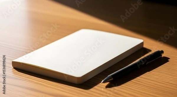 Fototapeta Blank notebook with pen on wooden desk for writing ideas planning journaling and creative inspiration