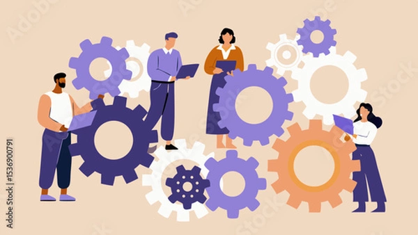 Fototapeta Teamwork and collaboration concept with people working together with gears business process and system integration for success and innovation