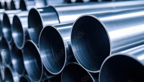 Obraz Close up view of neatly stacked metallic pipes in a warehouse showcasing industrial precision and manufacturing