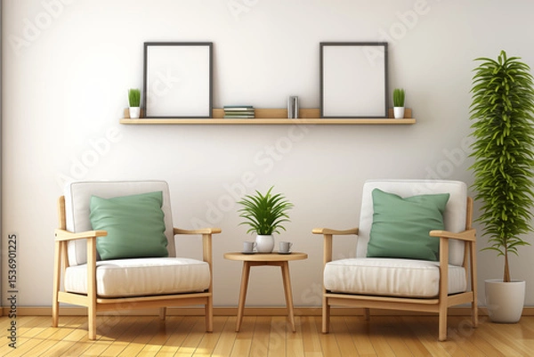 Fototapeta Minimalist Living Room Wall Frame Mockup. 3D render