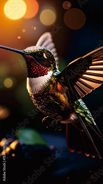 Obraz Hummingbird in Flight Over Snowy Mountains at Sunrise. Nature Wildlife Scene

