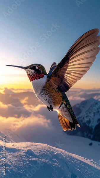Obraz Beautiful Hummingbird Hovering Mid-Air with Glowing Wings in Mountain Sunrise