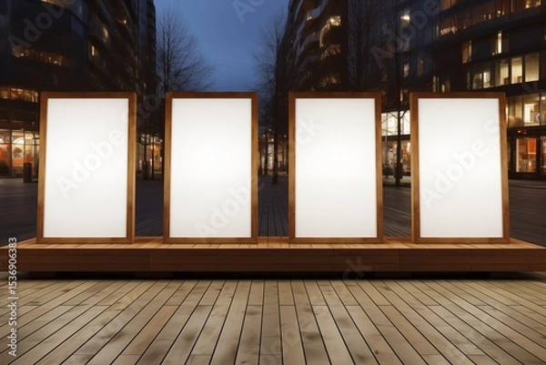 Fototapeta Four empty white picture frames placed on a wooden stand.3D render.