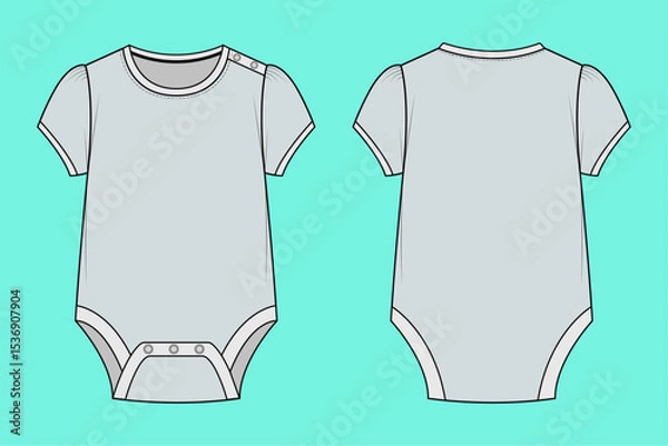 Fototapeta Infant Toddler Baby Short sleeve Overall Dress technical drawing fashion flat sketch front and back views outline CAD mockup.