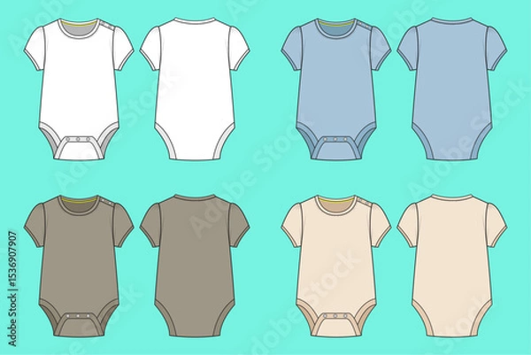 Fototapeta Infant Toddler Baby Short sleeve Overall Dress colour way set technical drawing fashion flat sketch front and back views outline CAD mockup.