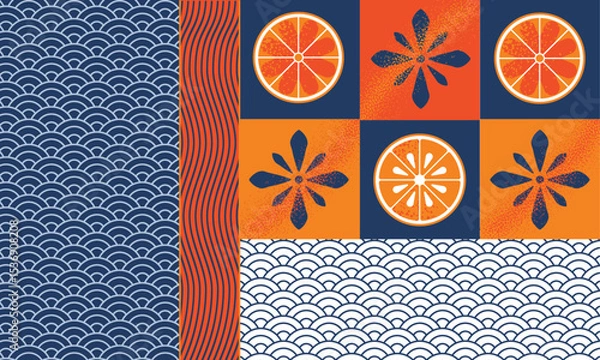 Obraz Seafood asian geometric pattern citrus menu orange lemon