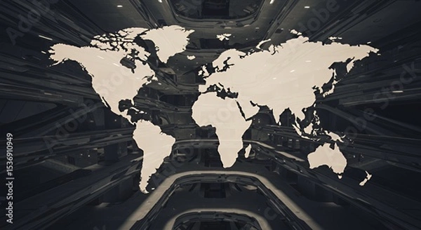 Obraz Global Connectivity: A World Map Overlay on an Abstract Architectural Structure