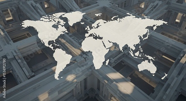 Obraz Global Network: A World Map in Abstract Architectural Design