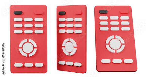 Fototapeta Red Remote Set Displayed in Various Angles on Transparent Background 3D Render Illustration