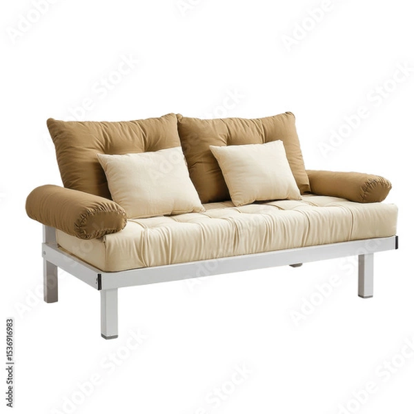 Fototapeta Comfortable modern sofa with soft cushions on white wooden frame perfect for cozy living room design and relaxation spaces transparent background