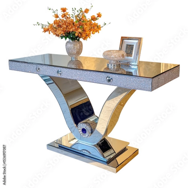 Fototapeta Elegant mirrored console table with floral arrangement and decorative accents for modern interior design transparent background