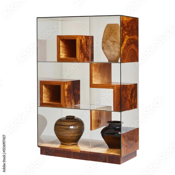 Fototapeta Elegant display cabinet showcasing modern art vases and wooden cube sculptures in contemporary interior design setting transparent background