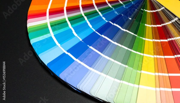 Fototapeta Color swatches fan out on a dark surface, showcasing a wide spectrum from blues to yellows
