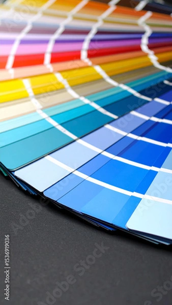 Fototapeta A fan of colorful paint swatches on a dark surface