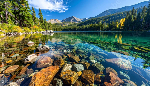 Fototapeta A scenic lake with clear waters reflecting mountains and vibrant trees, surrounded by colorful rocks under a blue sky with some clouds
