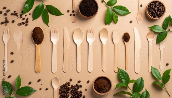 Fototapeta Wooden utensils arranged with coffee beans, powder, and lush green leaves on a beige surface