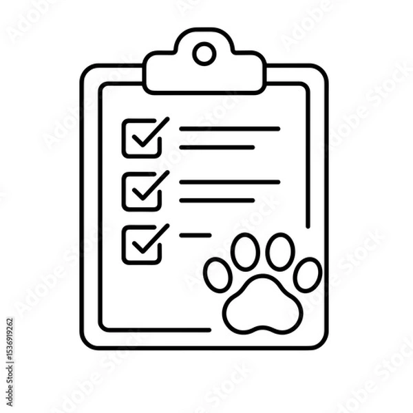 Obraz Checklist clipboard with paw – represents pet care plan or task list, outline icon