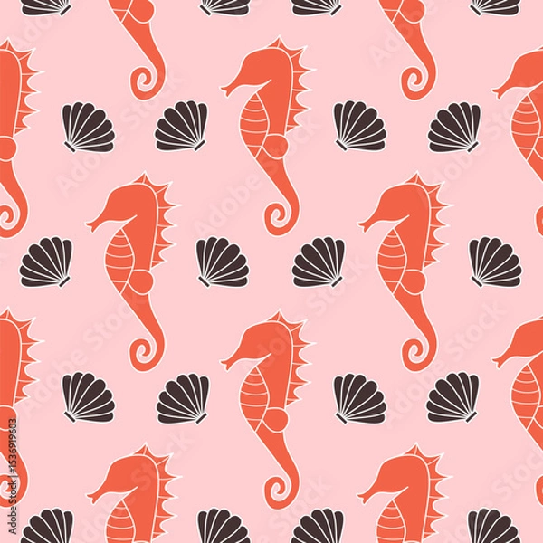 Fototapeta Cute hand drawn red seahorses and brown seashells summertime seamless vector pattern background illustration