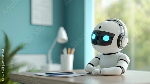 Fototapeta smart AI assistant helping child with homework, colorful virtual learning tools,