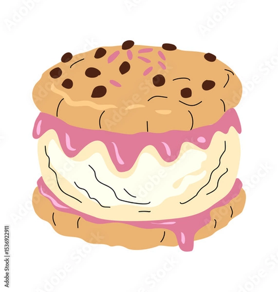 Fototapeta Delicious sandwich ice cream with chocolate cookies and vanilla filling, vector illustration isolated on transparent background. Perfect for dessert, summer, and sweet food designs