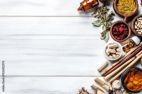 Fototapeta Various Traditional Chinese Herbal Medicine Ingredients Displayed as Background Concept