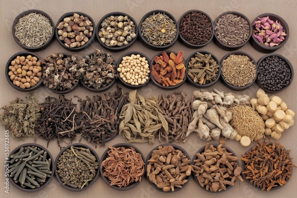 Fototapeta Various Traditional Chinese Herbal Medicine Ingredients Displayed as Background Concept