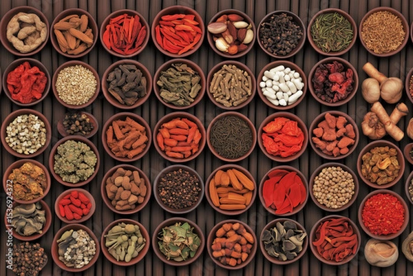 Fototapeta Various Traditional Chinese Herbal Medicine Ingredients Displayed as Background Concept