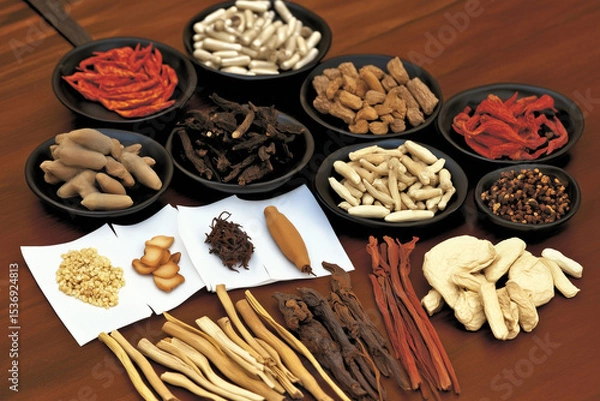 Fototapeta Various Traditional Chinese Herbal Medicine Ingredients Displayed as Background Concept
