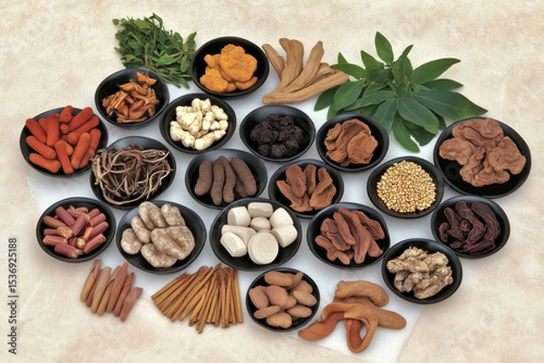 Fototapeta Various Traditional Chinese Herbal Medicine Ingredients Displayed as Background Concept