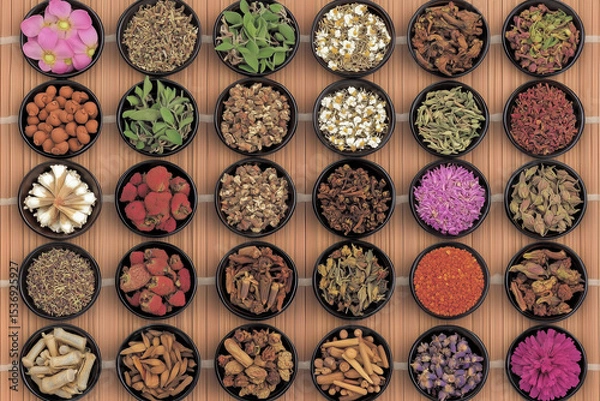 Fototapeta Various Traditional Chinese Herbal Medicine Ingredients Displayed as Background Concept