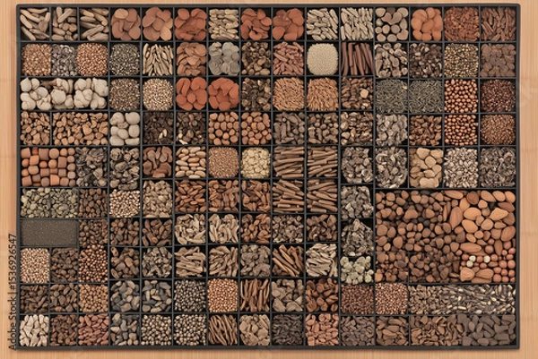 Fototapeta Various Traditional Chinese Herbal Medicine Ingredients Displayed as Background Concept