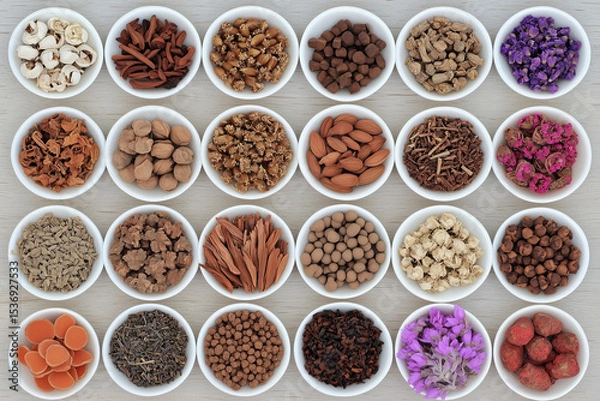 Fototapeta Various Traditional Chinese Herbal Medicine Ingredients Displayed as Background Concept