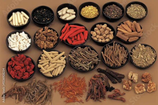 Fototapeta Various Traditional Chinese Herbal Medicine Ingredients Displayed as Background Concept