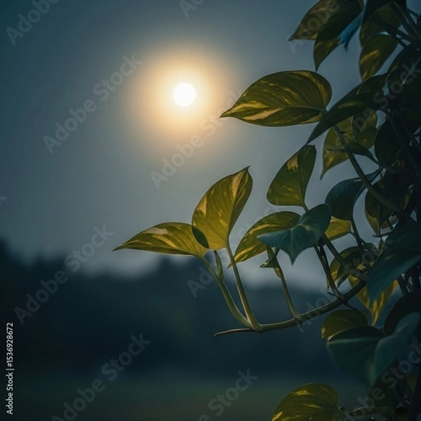 Fototapeta Glowing Green Foliage in Dark Night Sky