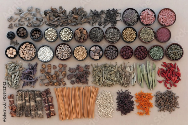 Fototapeta Various Traditional Chinese Herbal Medicine Ingredients Displayed as Background Concept