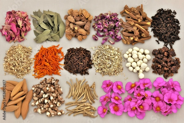 Fototapeta Various Traditional Chinese Herbal Medicine Ingredients Displayed as Background Concept