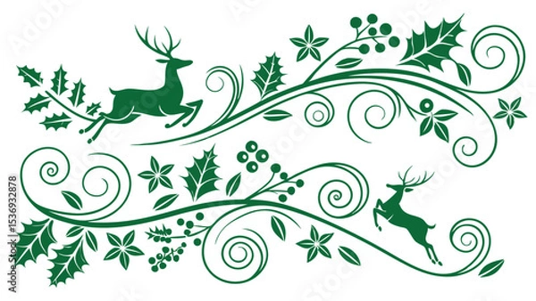 Fototapeta Elegant Green Christmas Ornament with Reindeer Holly Berries and Swirls on White