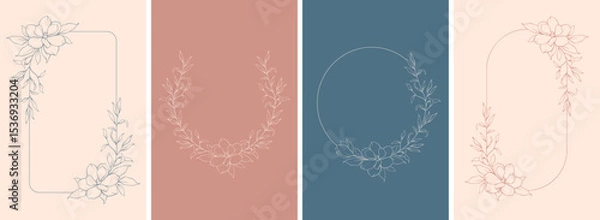Fototapeta Set of hand drawn vector flowers, tropical leaves, plant, wildflower, rose. eucalyptus. branches. Collection of botanical silhouette element vector. Abstract bouquet in minimalistic flat style
