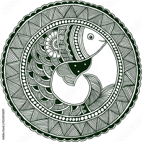 Obraz transparent digital image of a traditional handmade Madhubani painting depicting artistic fish motifs. Dark green color
